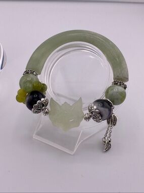 Green Quartz Half-Bangle Bracelet - Carved Fox & Silver Charms - The Gem Studio